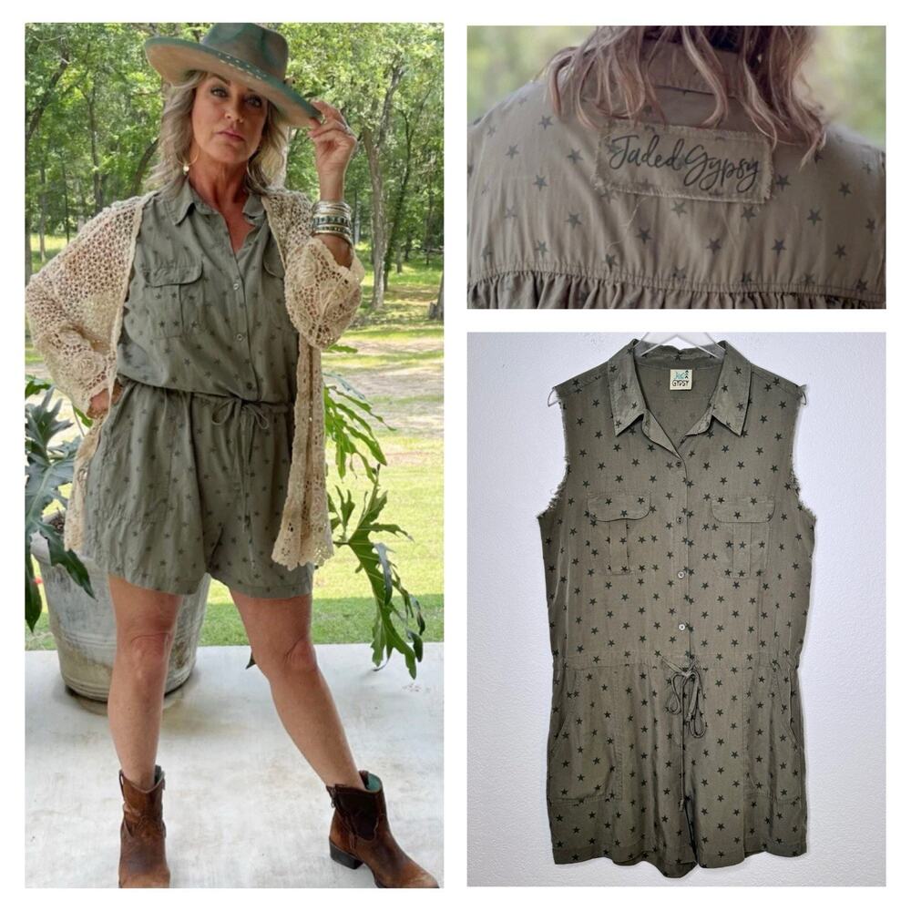 Jaded Gypsy Womens Galaxy Gazing Short Romper Size S/M Army‎ Green Cotton
